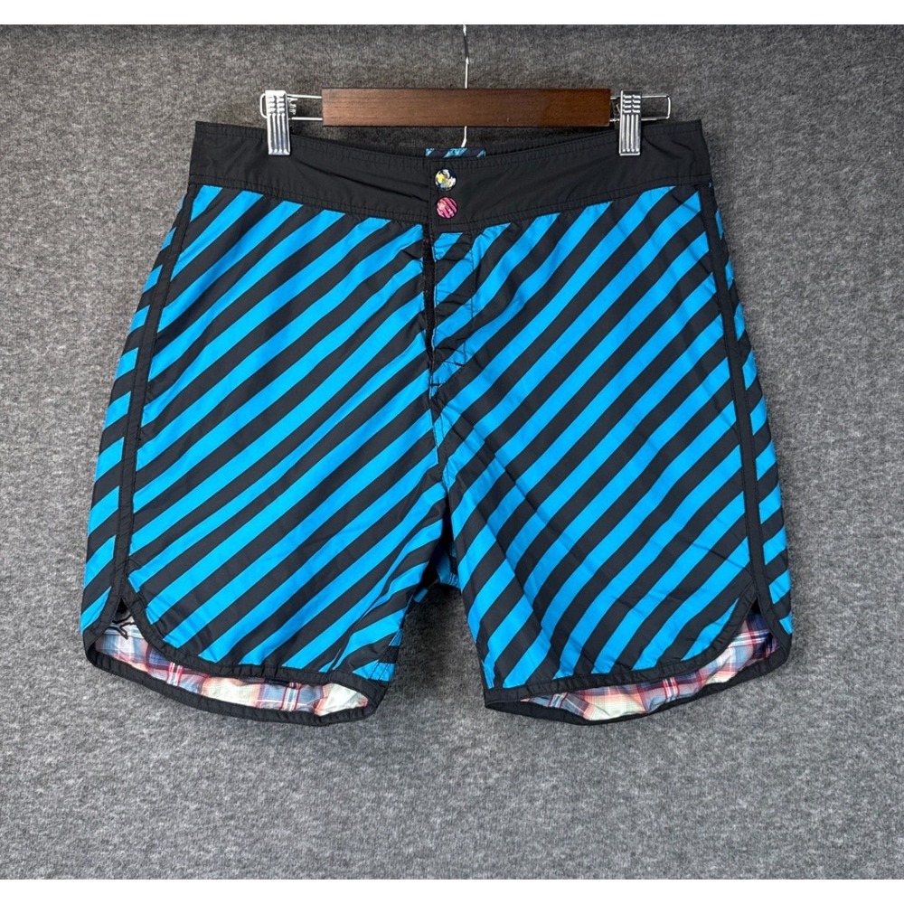 Modern Amusement Mens Reversible Board Shorts Blue Black Striped Plaid Size 32